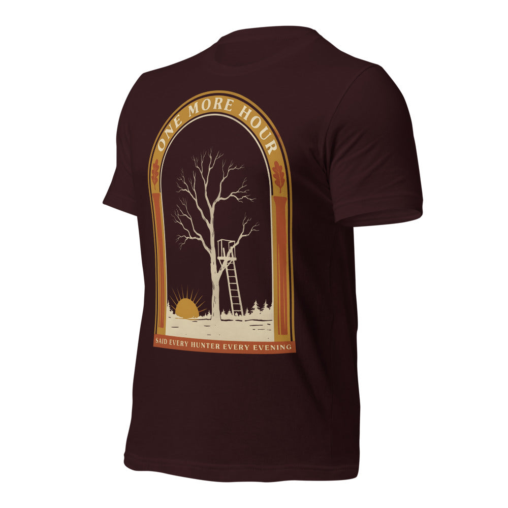 One More Hour funny deer hunting tee — Oxblood Black, front-right