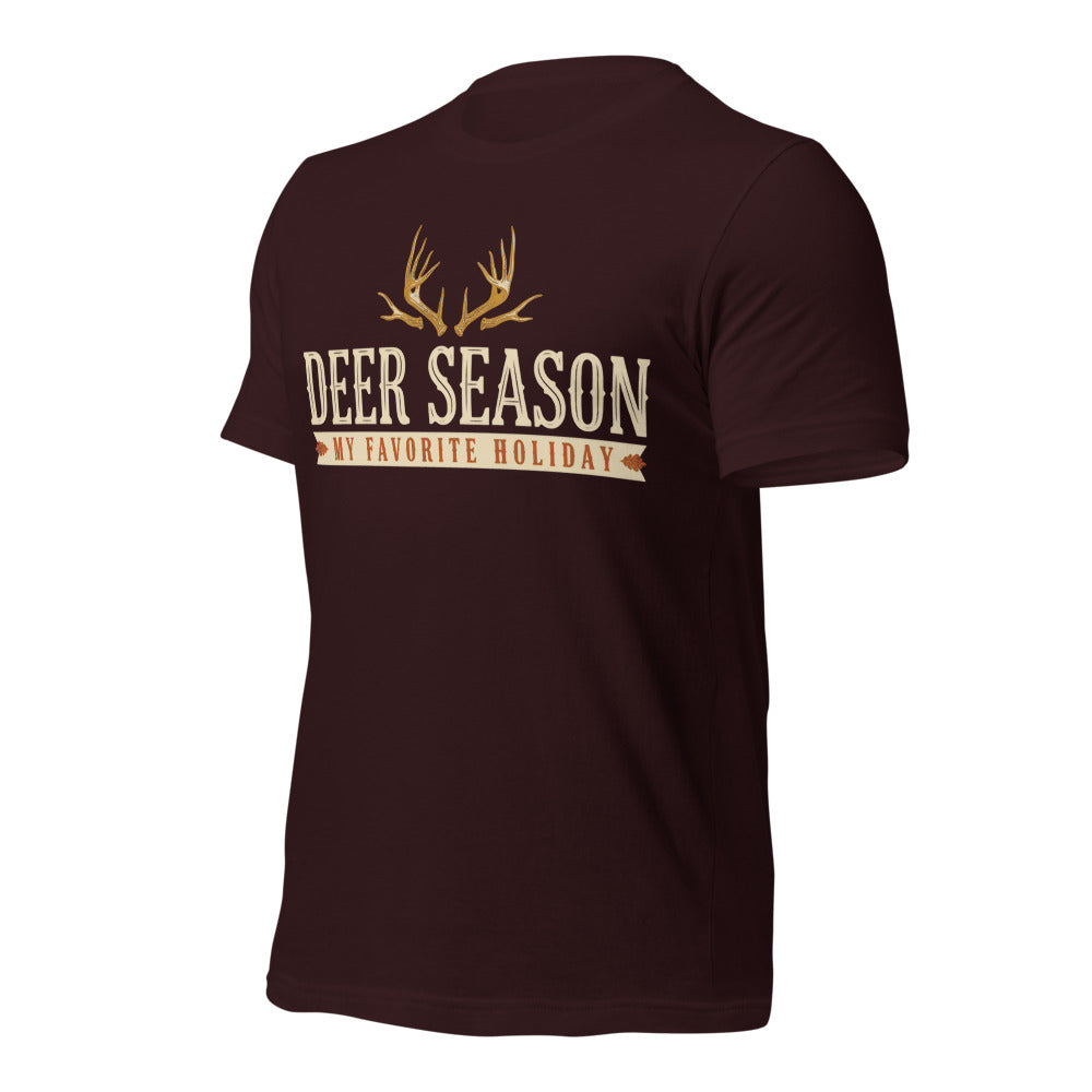 Deer Season My Favorite Holiday deer hunting tee — Oxblood Black, front-right