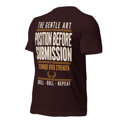 Position Before Submission Brazilian jiu jitsu t-shirt — Oxblood Black, front-right
