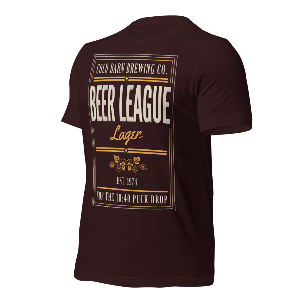 Beer League Cold Barn Brewing lager t-shirt — Oxblood Black, front-right