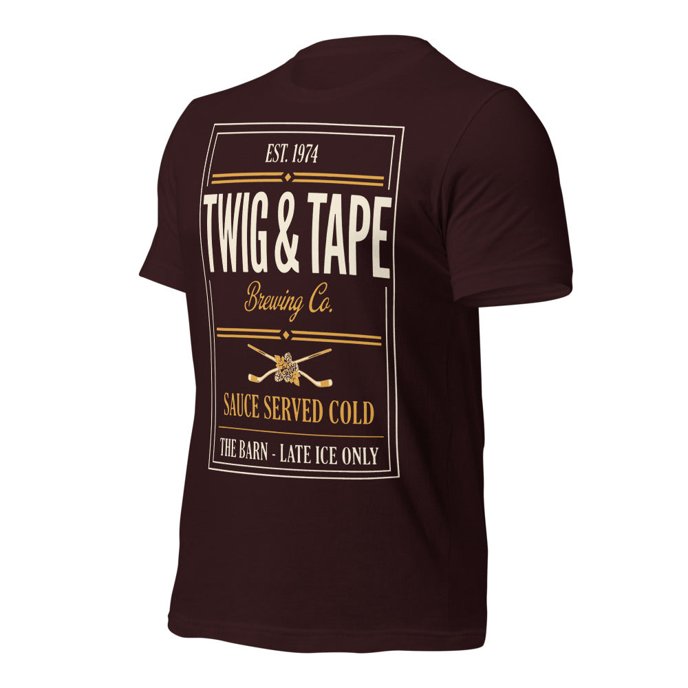 Twig and Tape Brewing Co. beer league hockey t-shirt — Oxblood Black, front-right