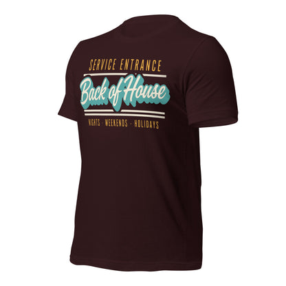Line Cook Back of House retro diner service sign t-shirt — Oxblood Black, front-right