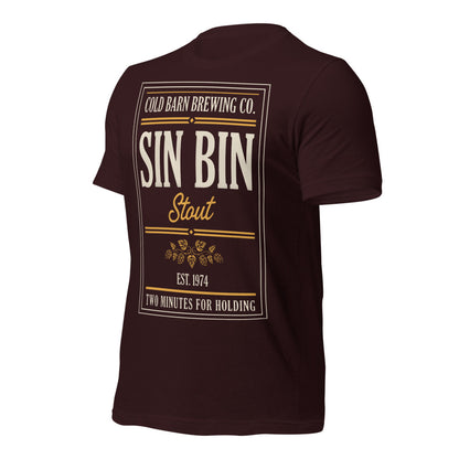 Beer League Sin Bin Stout brewery label t-shirt — Oxblood Black, front-right