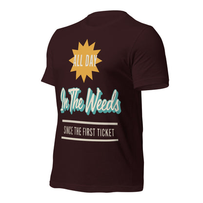 In The Weeds line cook retro diner service sign t-shirt — Oxblood Black, front-right