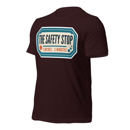 The Safety Stop vintage scuba diving travel decal t-shirt — Oxblood Black, front-right