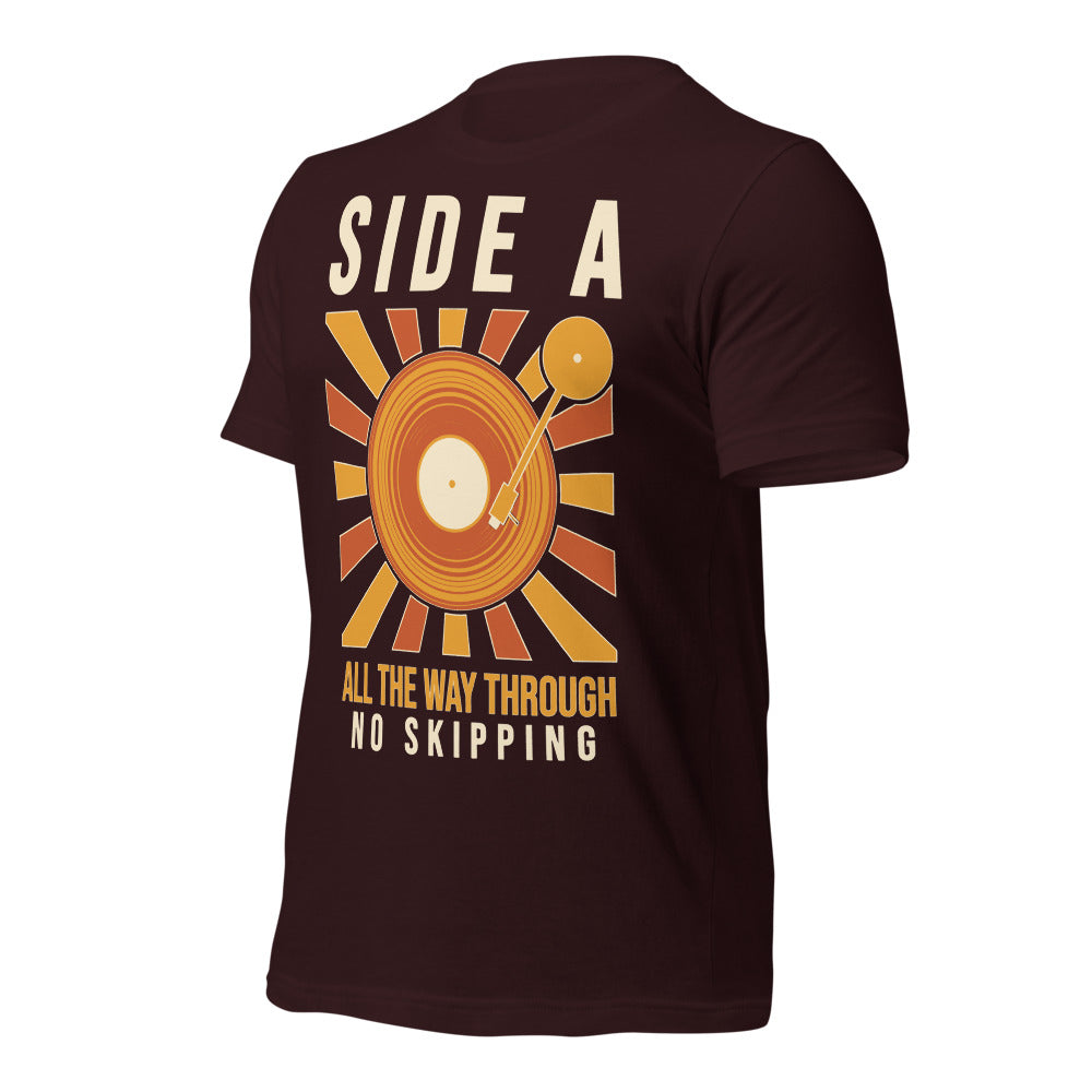 Side A No Skipping vinyl record tee — Oxblood Black, front-right