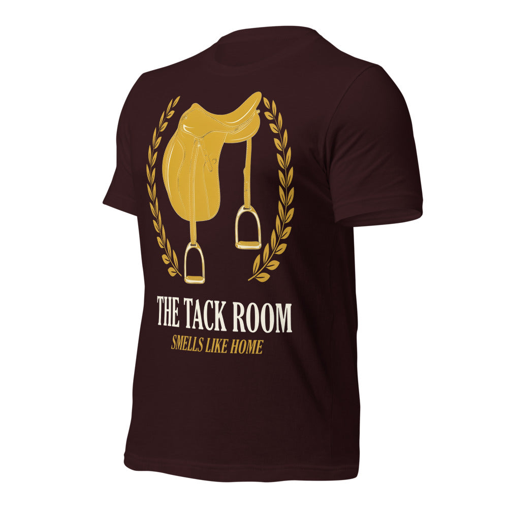 The Tack Room engraved equestrian saddle crest t-shirt — Oxblood Black, front-right