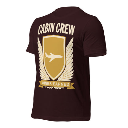 Wings Earned flight attendant tee — Oxblood Black, front-right