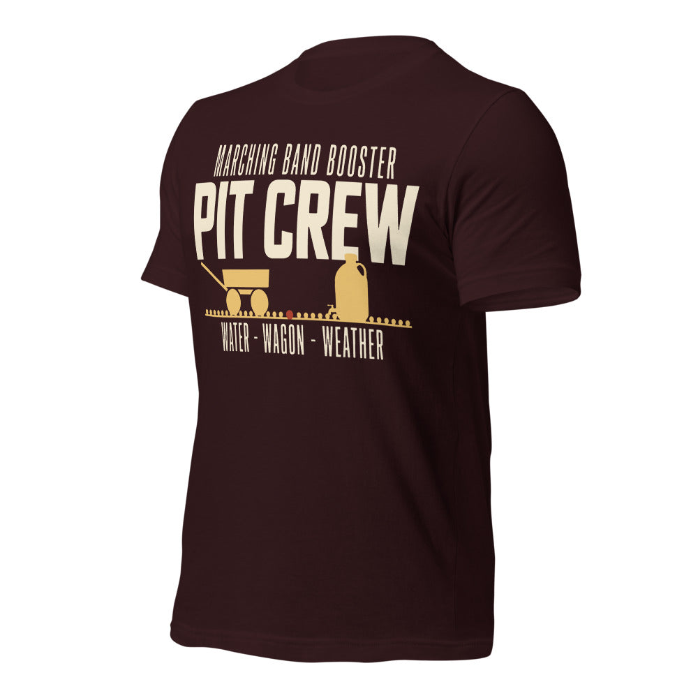 Pit Crew marching band booster t-shirt — Oxblood Black, front-right
