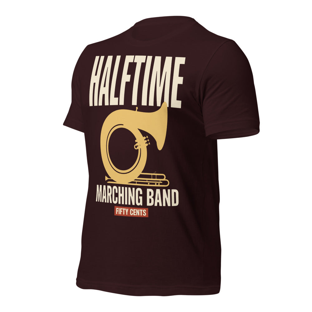 Official Halftime vintage marching band t-shirt — Oxblood Black, front-right