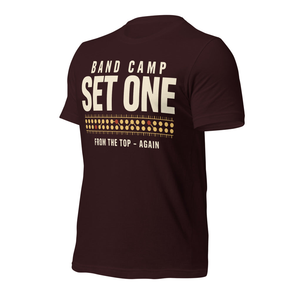 Set One marching band drill chart t-shirt — Oxblood Black, front-right
