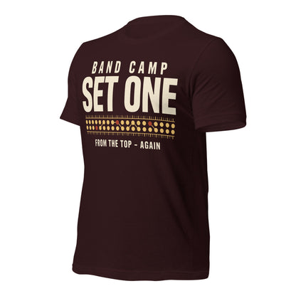 Set One marching band drill chart t-shirt — Oxblood Black, front-right