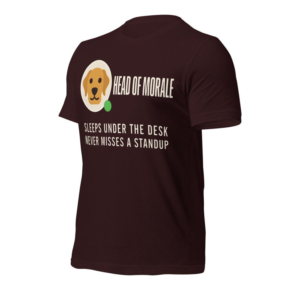 Head of Morale dog profile card unisex t-shirt — Oxblood Black, front-right