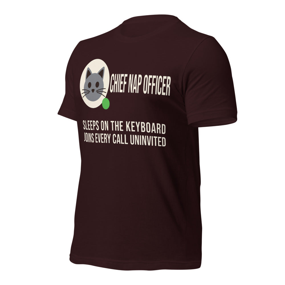 Chief Nap Officer cat profile card unisex t-shirt — Oxblood Black, front-right