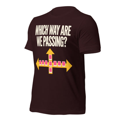 Which Way Are We Passing funny mahjong tee — Oxblood Black, front-right