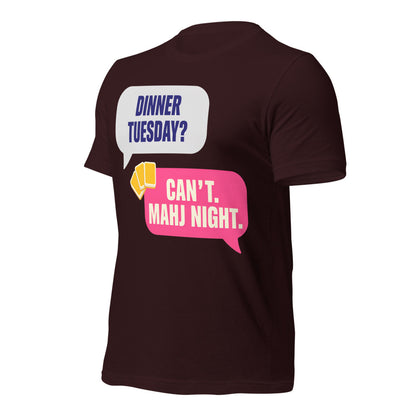 Mahj Night funny mahjong tee — Oxblood Black, front-right