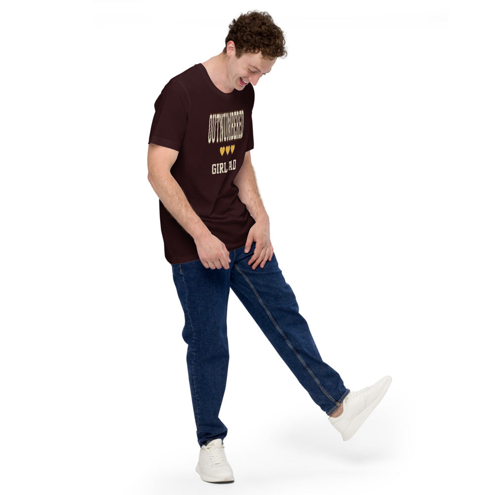 Girl Dad Outnumbered & Proud tee — Oxblood Black, on model