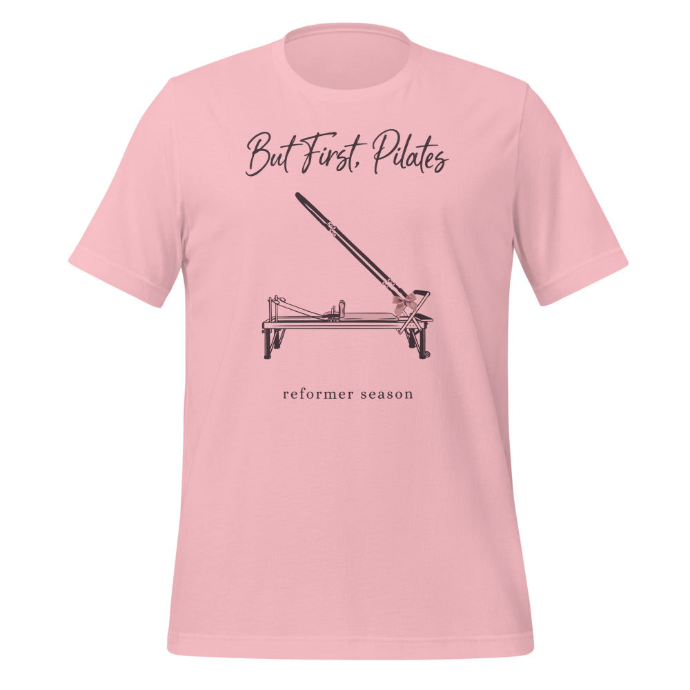 But First Pilates reformer line-art tee — Pink, front