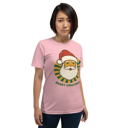 Groovy Santa retro Christmas tee — Pink, on model