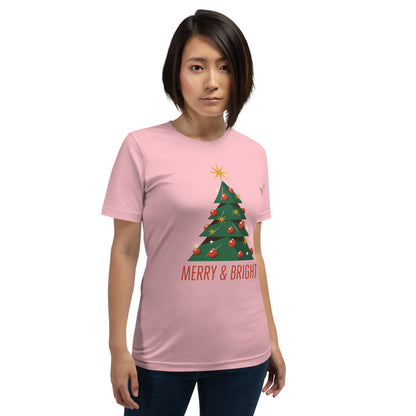 Atomic mid-century retro Christmas tree tee — Pink, on model