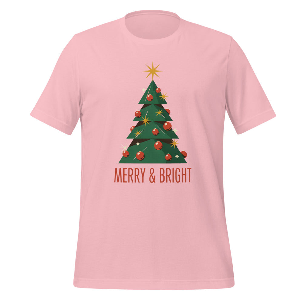 Atomic mid-century retro Christmas tree tee — Pink, front