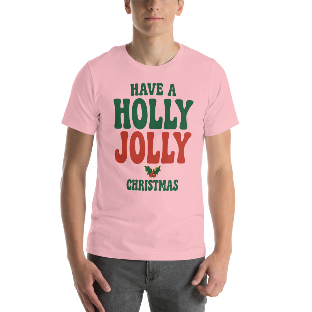 Groovy Holly Jolly retro Christmas tee — Pink, on model