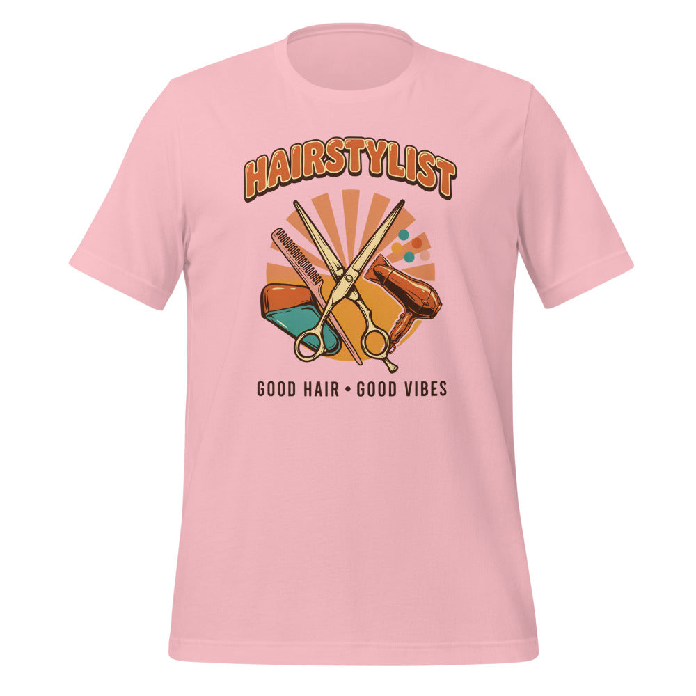 Retro Salon Hairstylist good hair good vibes tee — Pink, front