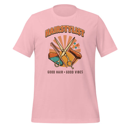 Retro Salon Hairstylist good hair good vibes tee — Pink, front