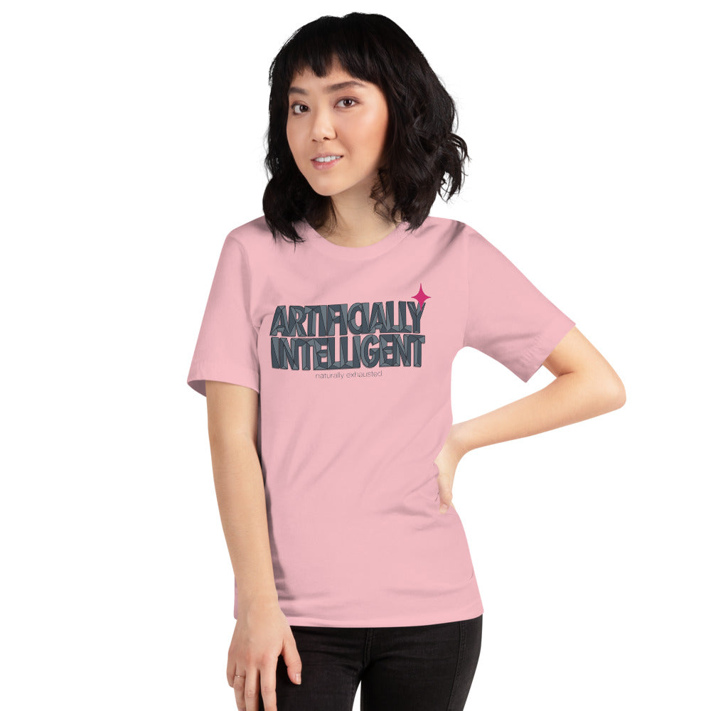 Artificially Intelligent funny AI t-shirt — Pink, on model