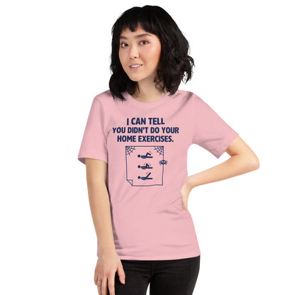 Home Exercises funny physical therapy tee — Pink, on model