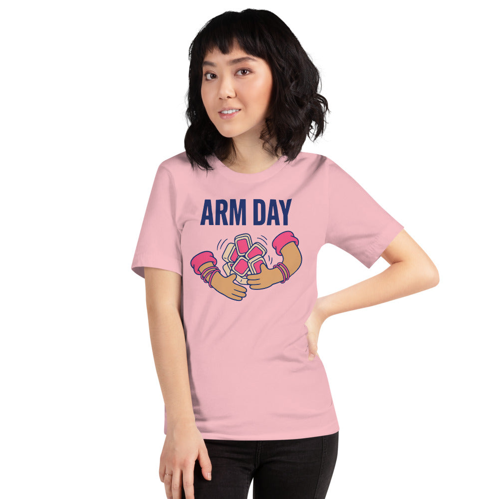 Arm Day funny mahjong tee — Pink, on model