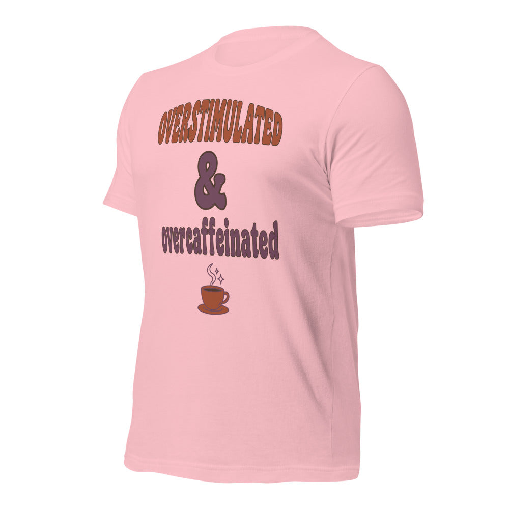 Overstimulated & Overcaffeinated soft retro coffee mental health tee — Pink, front-right