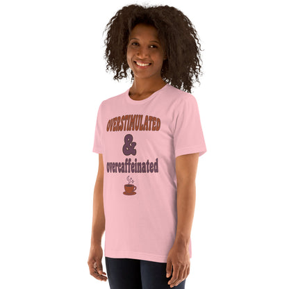Overstimulated & Overcaffeinated soft retro coffee mental health tee — Pink, on model