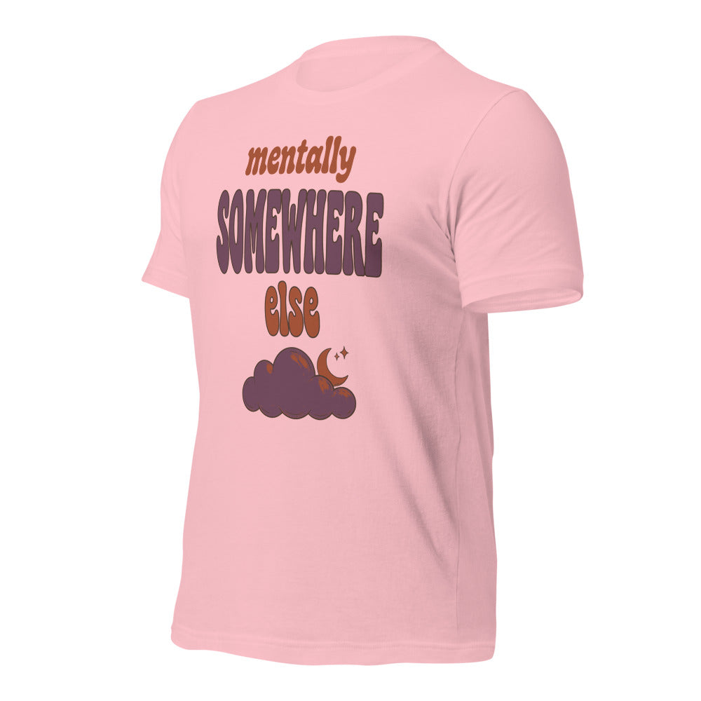 Mentally Somewhere Else soft retro daydream mental health tee — Pink, front-right