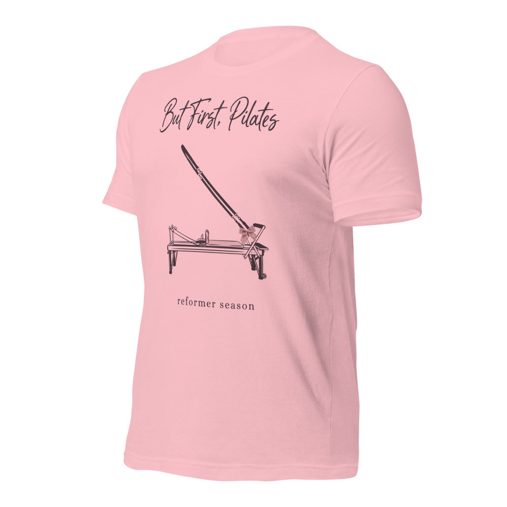 But First Pilates reformer line-art tee — Pink, front-right