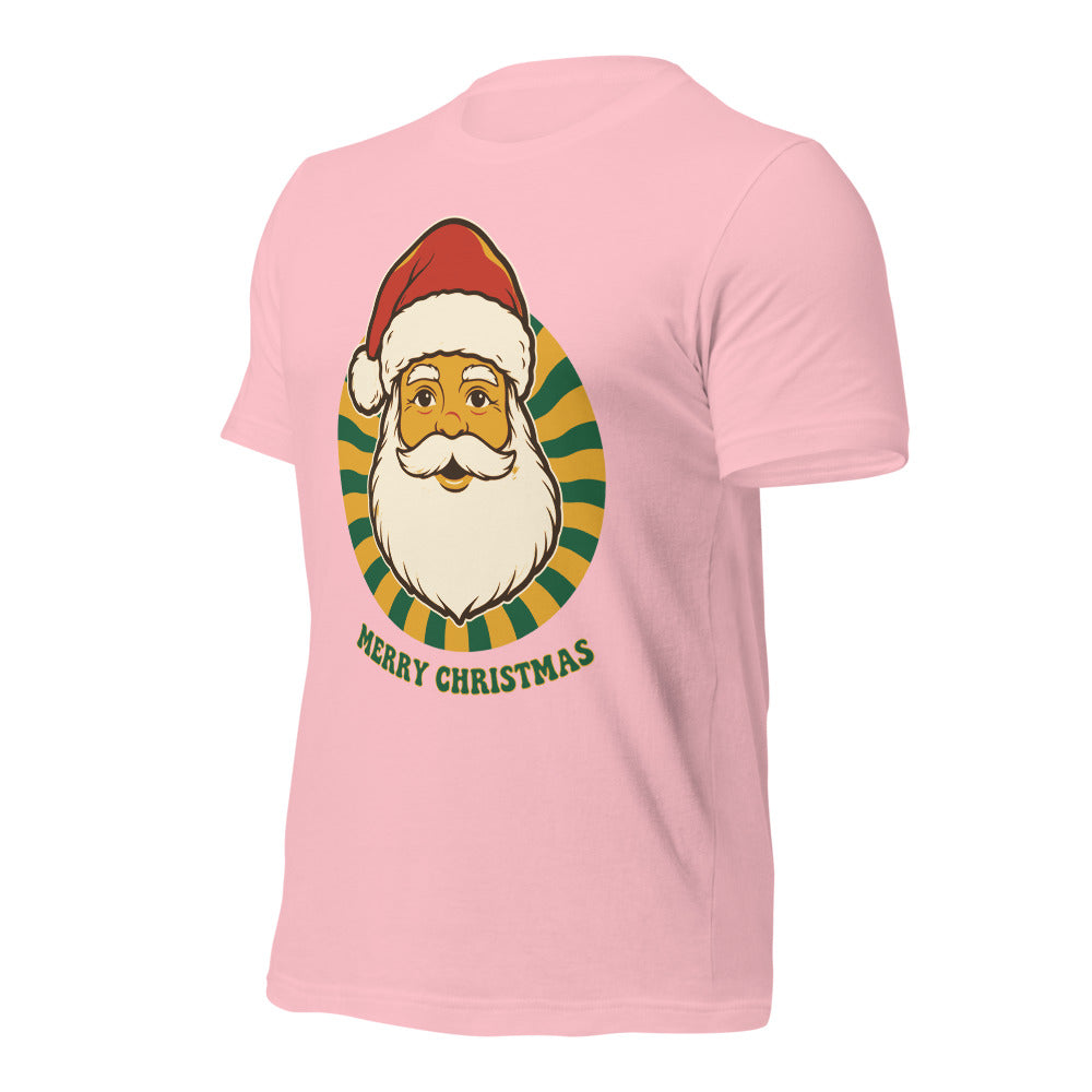 Groovy Santa retro Christmas tee — Pink, front-right