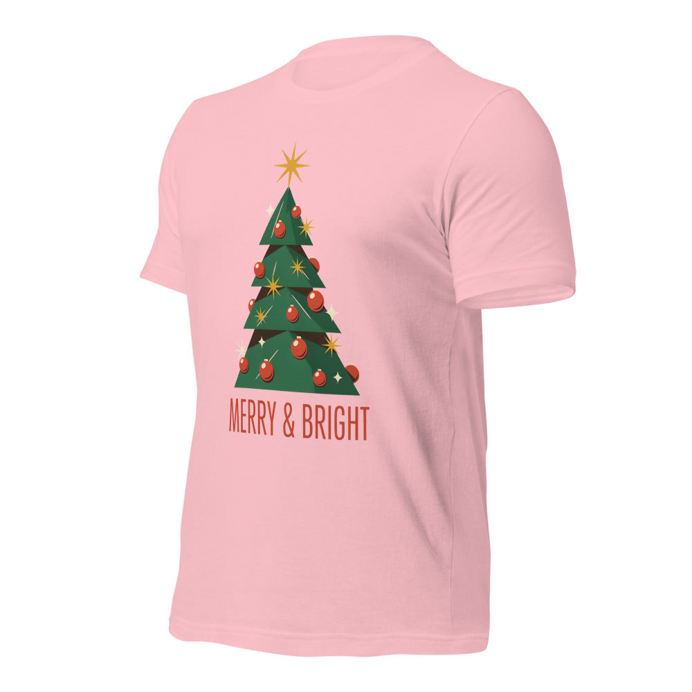 Atomic mid-century retro Christmas tree tee — Pink, front-right