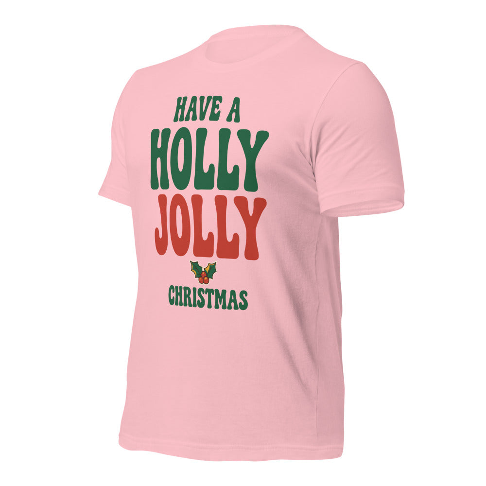 Groovy Holly Jolly retro Christmas tee — Pink, front-right