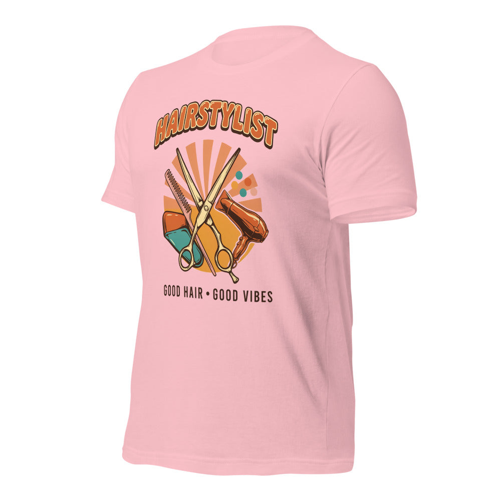 Retro Salon Hairstylist good hair good vibes tee — Pink, front-right