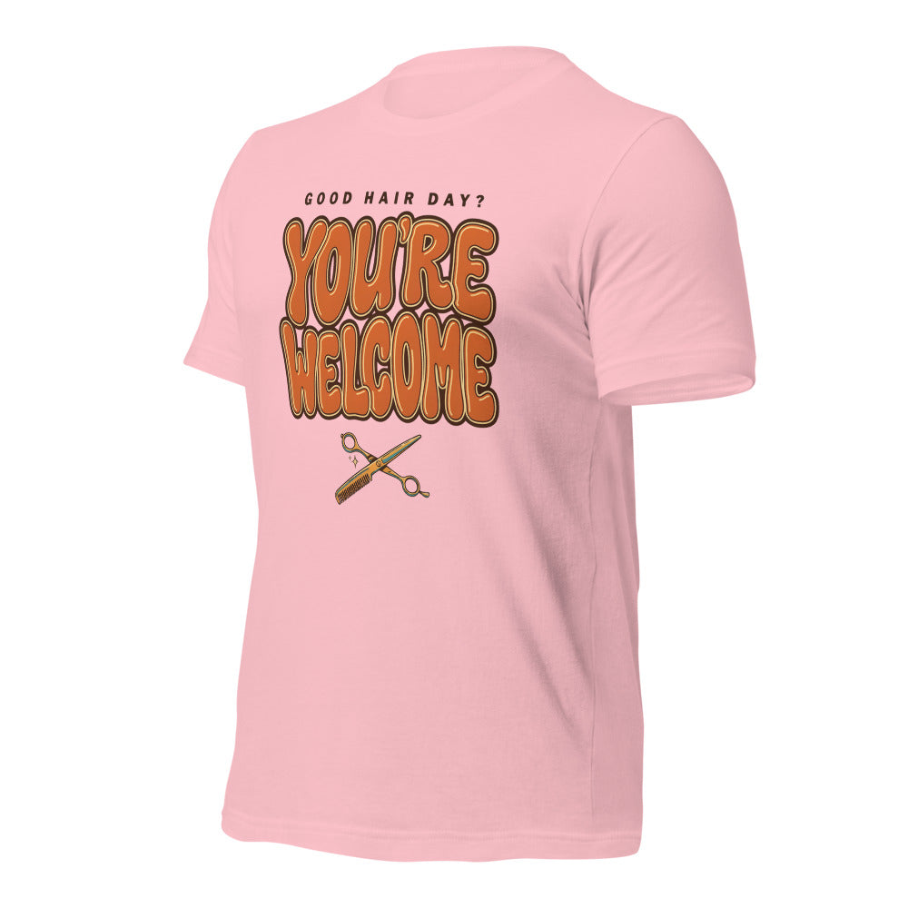 Funny hairstylist Good Hair Day You're Welcome tee — Pink, front-right