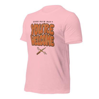 Funny hairstylist Good Hair Day You're Welcome tee — Pink, front-right