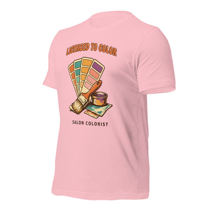 Salon colorist Licensed to Color retro tee — Pink, front-right