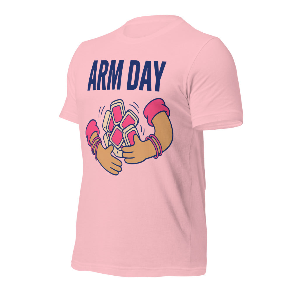 Arm Day funny mahjong tee — Pink, front-right