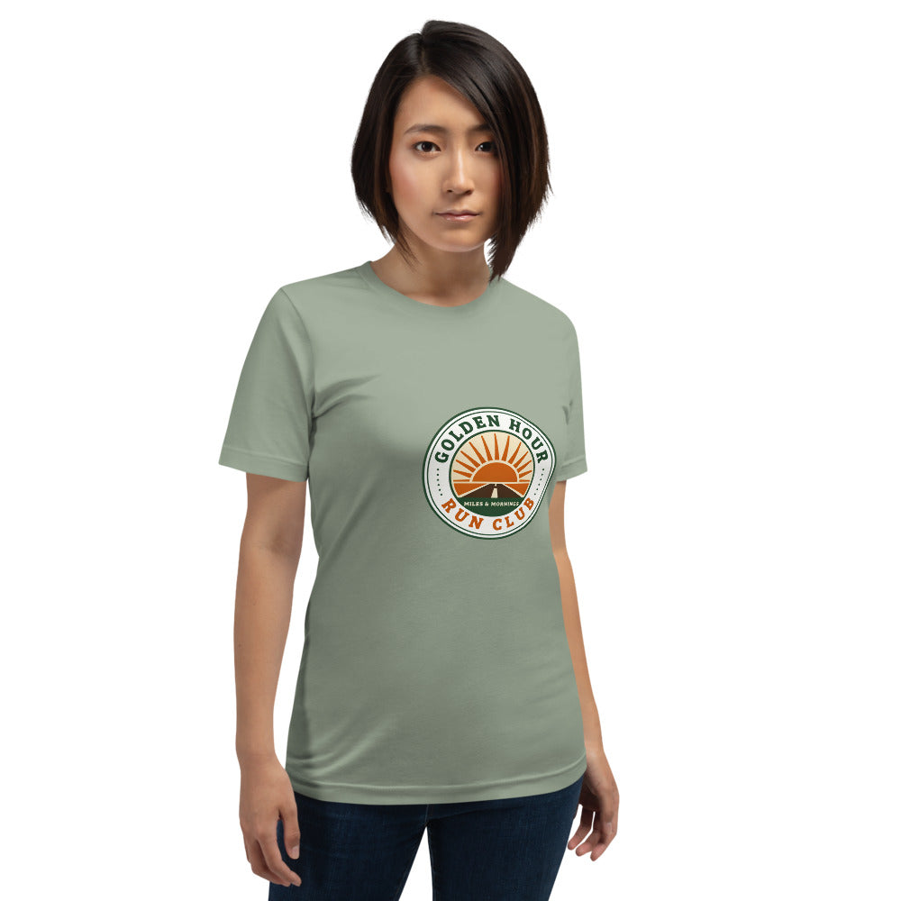 Golden Hour Run Club retro running tee — Sage, on model
