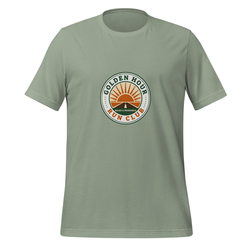 Golden Hour Run Club retro running tee — Sage, front