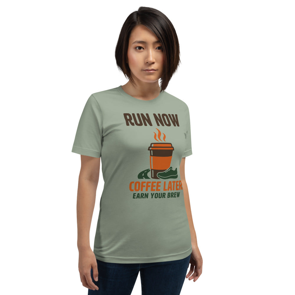Run Now Coffee Later funny running tee — Sage, on model