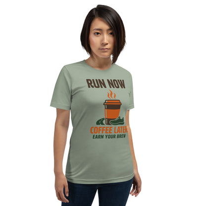 Run Now Coffee Later funny running tee — Sage, on model