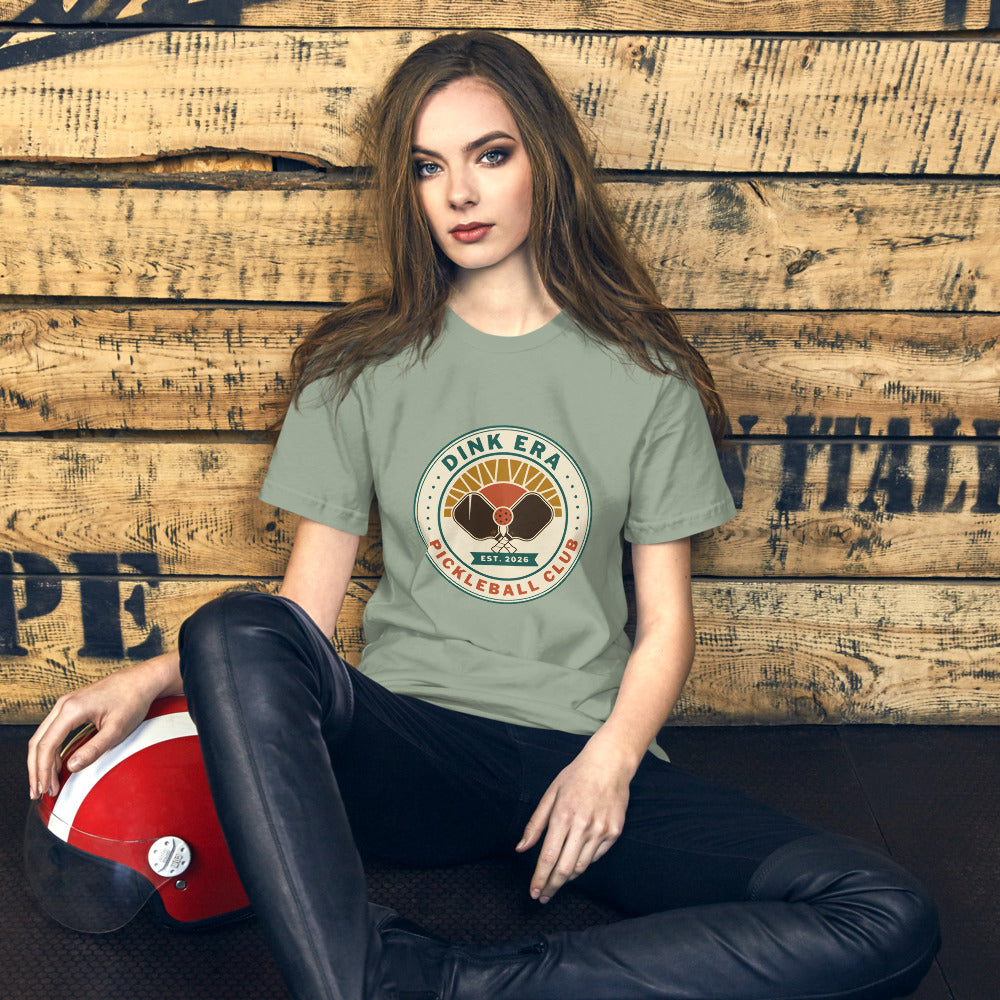 Dink Era Pickleball Club retro tee — Sage, on model