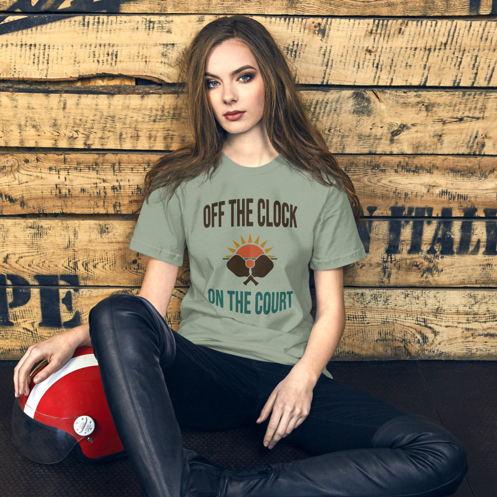 model wearing Off The Clock On The Court retro pickleball tee — Sage