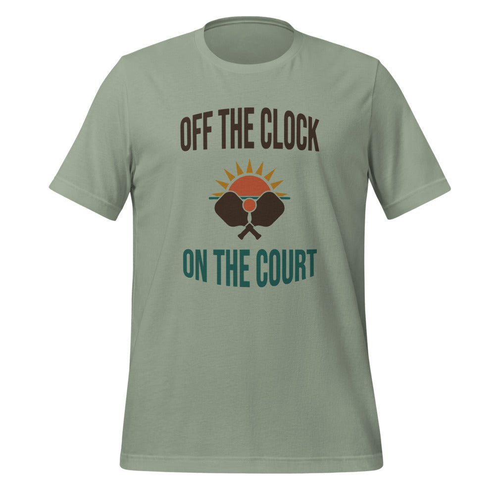 Off The Clock On The Court retro pickleball tee — Sage, front